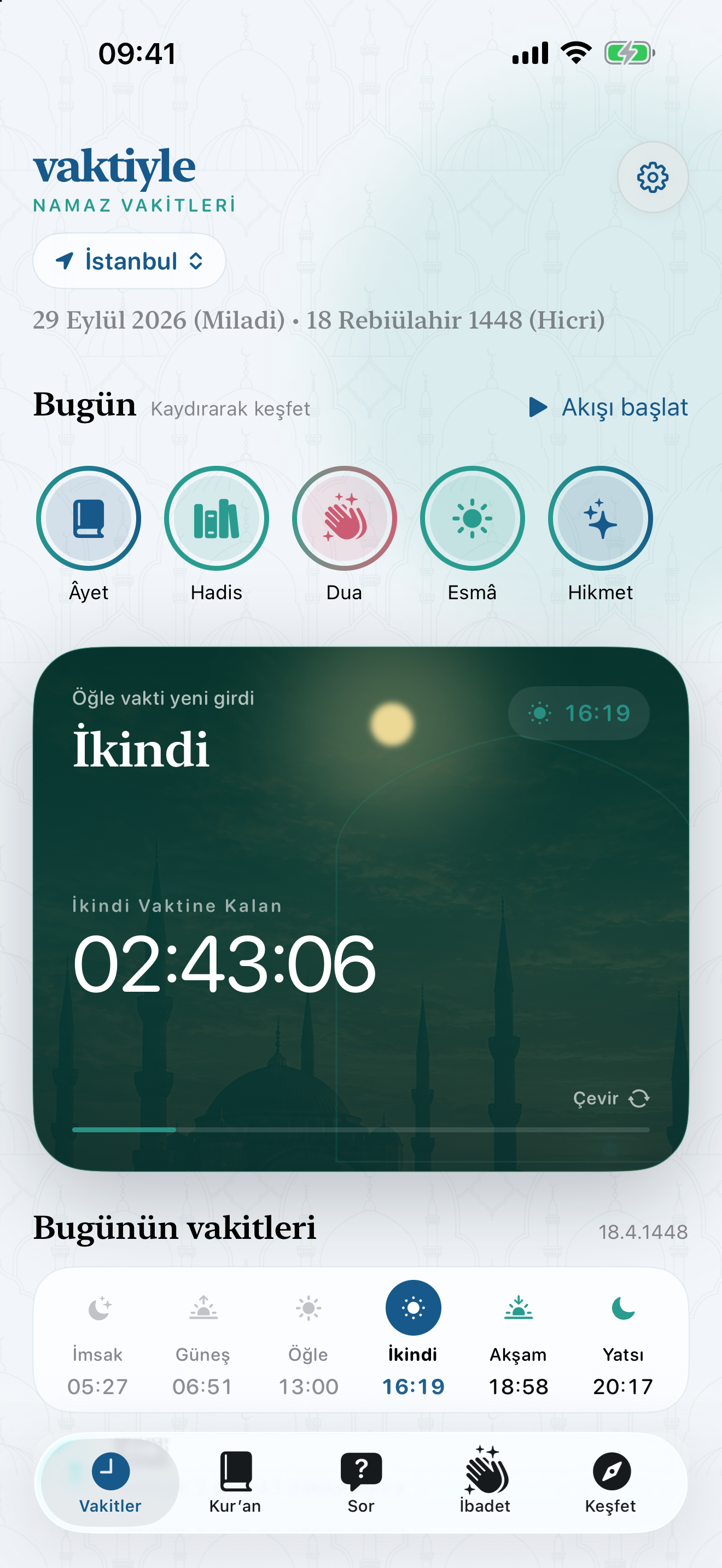 Vaktiyle Reklamsız Ezan Vakti ve Canlı Geri Sayım Ekranı